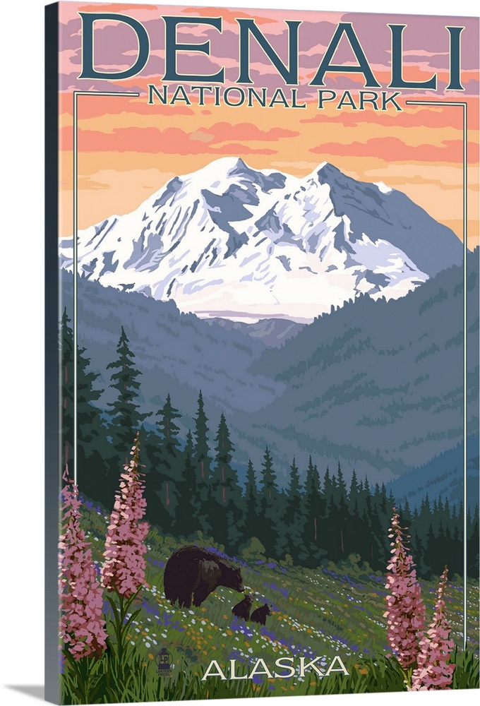 Denali National Park, Alaska - Bears and Spring Flowers: Retro Travel Poster