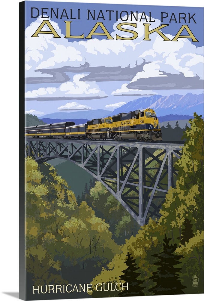 A retro stylized art poster of a wildnerness landscape of an iron wrough arch bridge being crossed by a train.