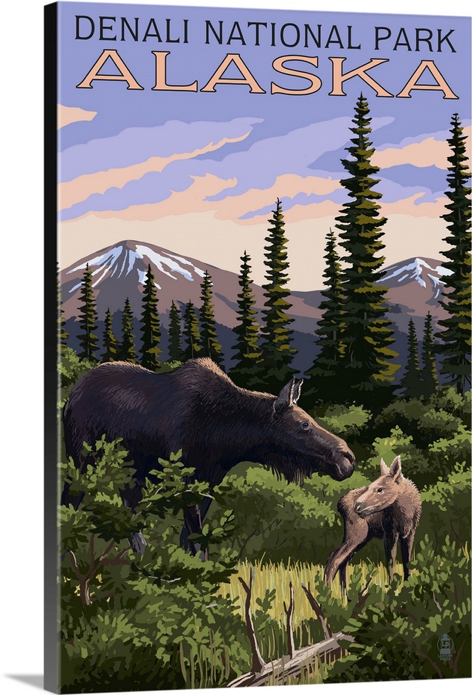 A retro stylized art poster of a moose and calf in a forest meadow.