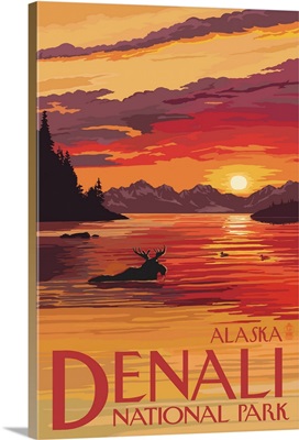 Denali National Park, Alaska - Moose at Sunset: Retro Travel Poster