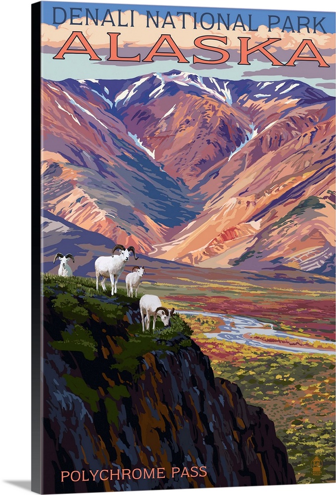 A retro stylized poster of a valley in this perserved land and a small herd of wild sheep grazing on top of a cliff.