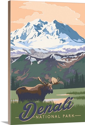 Denali National Park and Preserve, Moose In Nature: Retro Travel Poster