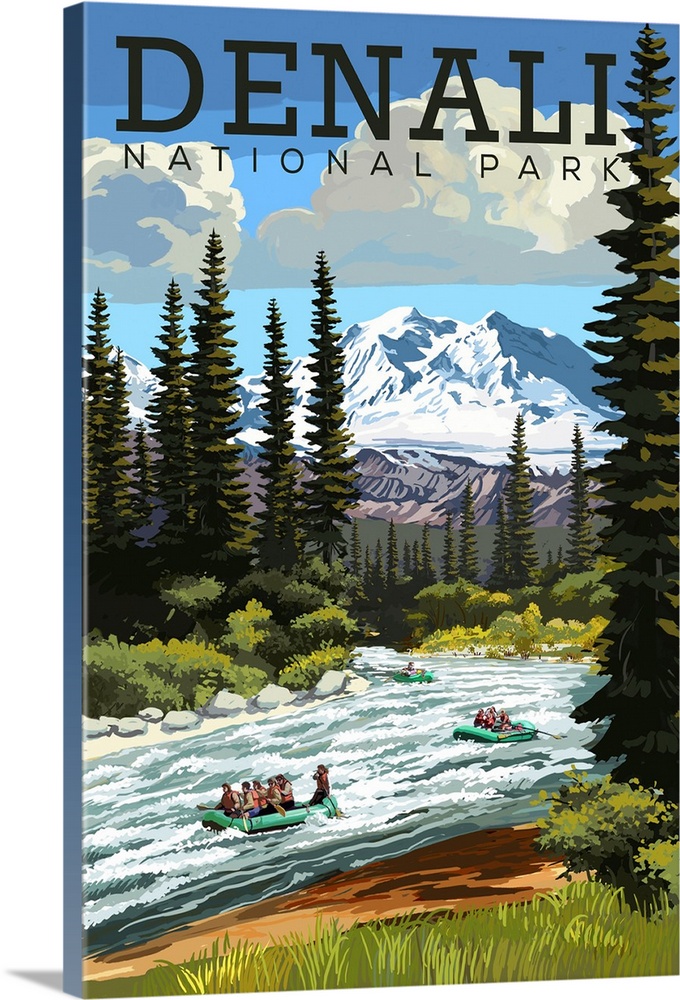 Denali National Park and Preserve, Wild Water Rafting: Retro Travel Poster