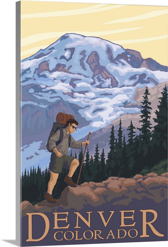 Retro stylized art poster of a hiker walking a trail, with a mountain in the background.