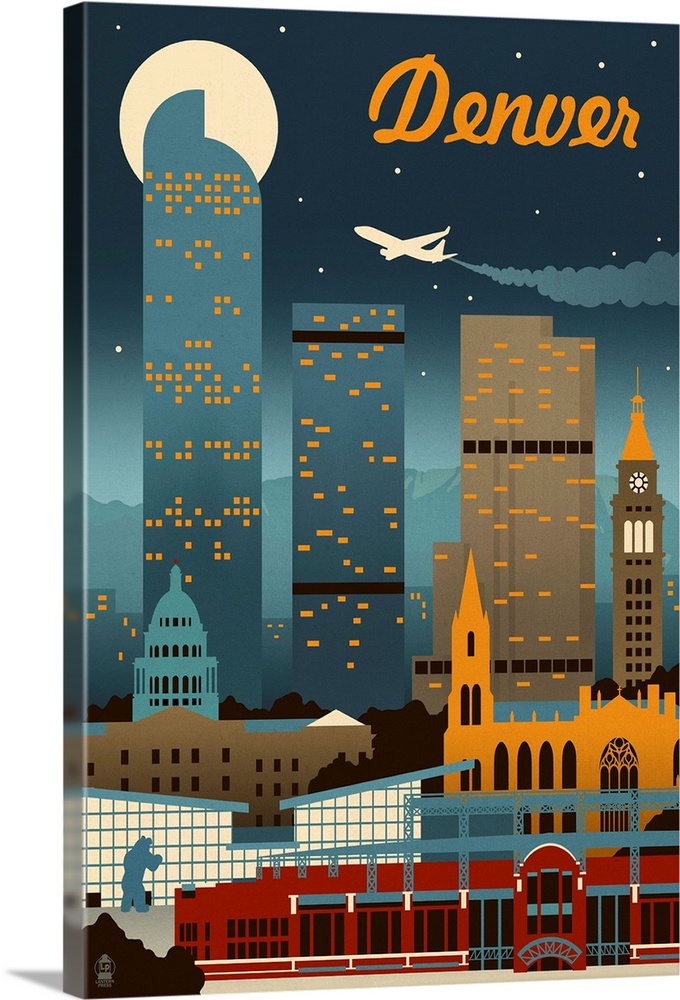 Denver, Colorado - Retro Skyline: Retro Travel Poster
