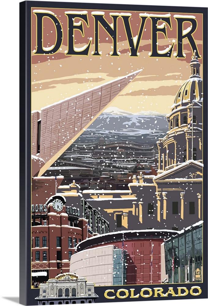Denver, Colorado - Skyline View in Snow: Retro Travel Poster