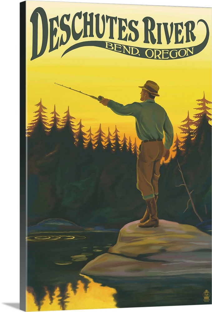 Deschutes River - Bend, Oregon - Fisherman Casting: Retro Travel Poster
