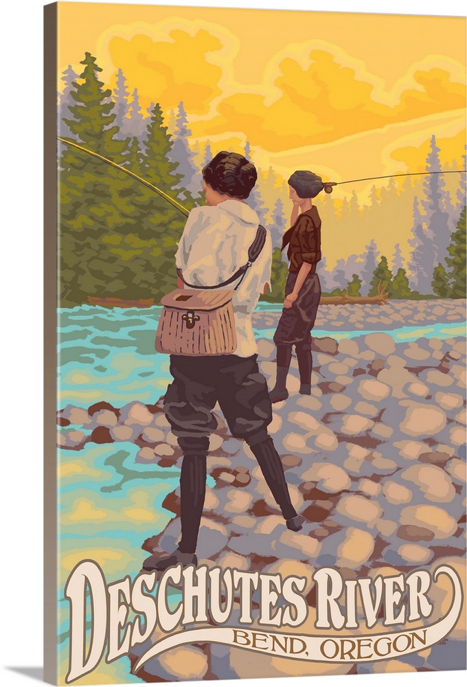 Retro stylized art poster of two women fly fishing beside a river.
