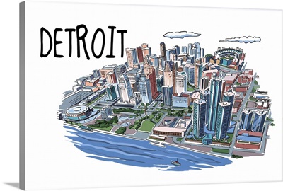 Detroit, Michigan - Line Drawing