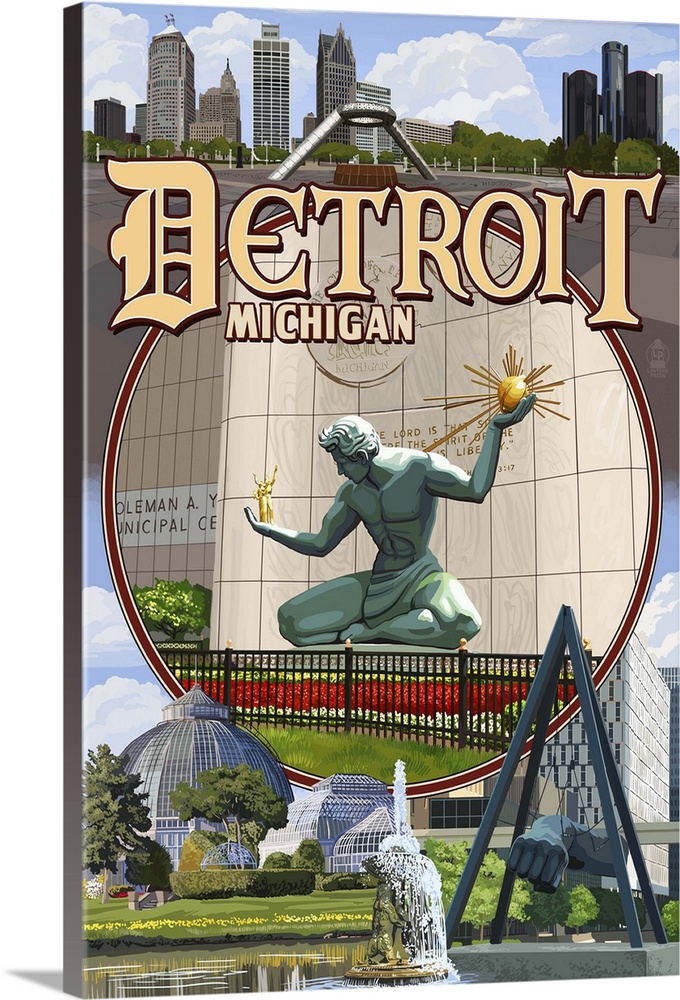 Detroit, Michigan - Montage Scenes: Retro Travel Poster
