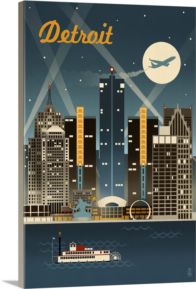 Detroit, Michigan - Retro Skyline: Retro Travel Poster