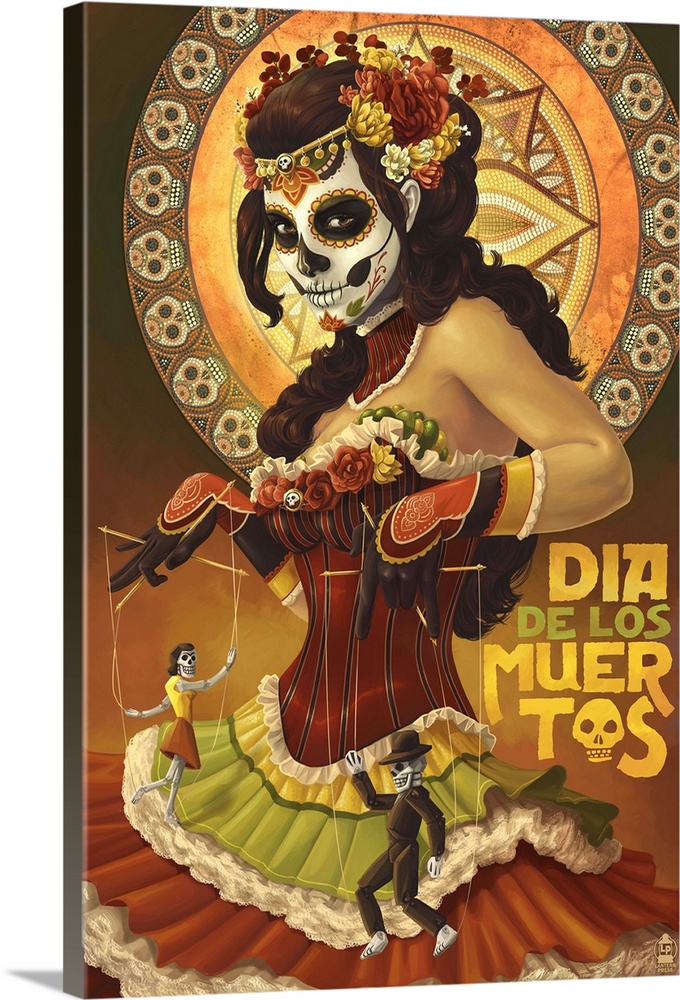 Retro stylized art poster of a woman in an elegant dress, and her face painted like a skull. While holding marionette pupp...