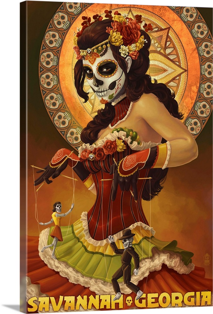 A retro stylized art poster of a dancing skeleton dressed as La Calavera Catrina.