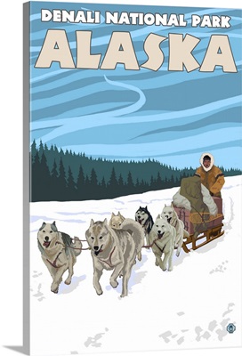 Dog Sledding Scene - Denali National Park, Alaska: Retro Travel Poster