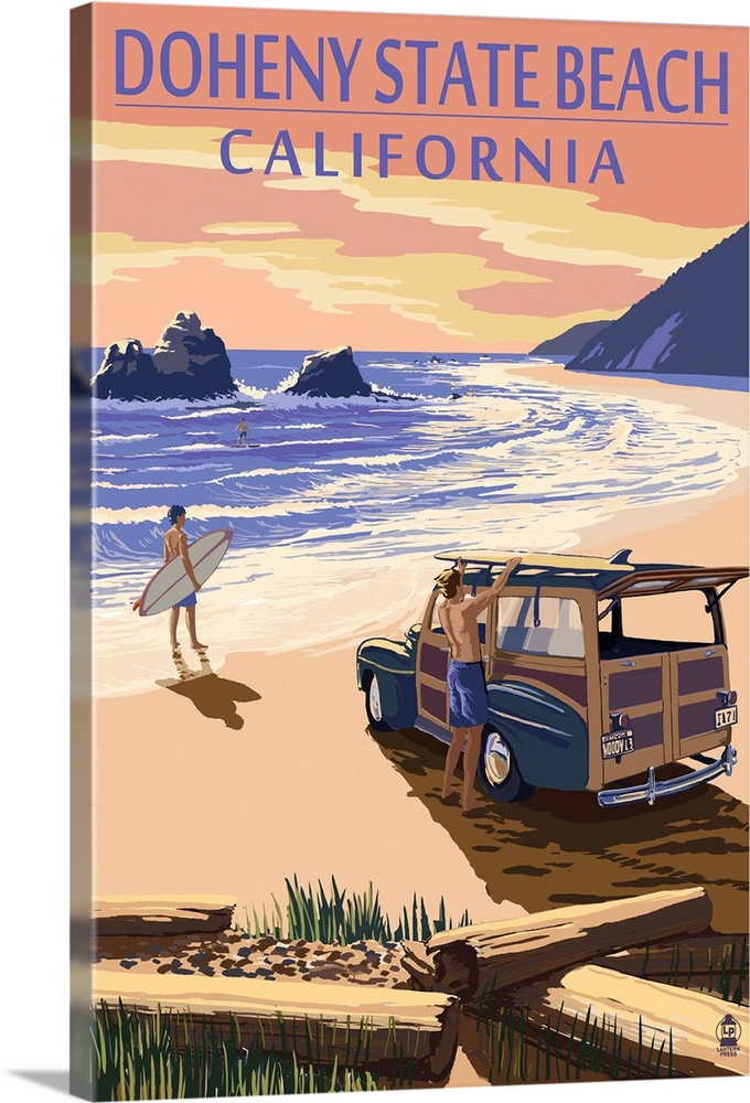 Doheny State Beach, California - Woody on Beach: Retro Travel Poster
