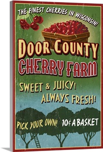 Door County, Wisconsin - Cherry Vintage Sign: Retro Travel Poster image thumbnail