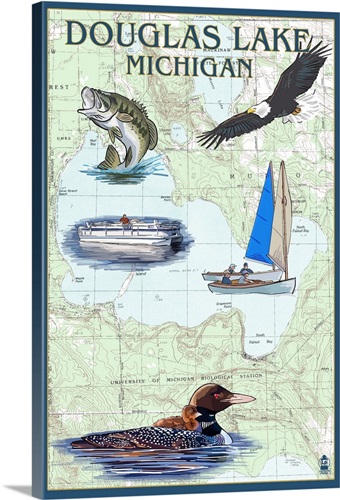Douglas Lake, Michigan - Nautical Chart: Retro Travel Poster Wall Art ...