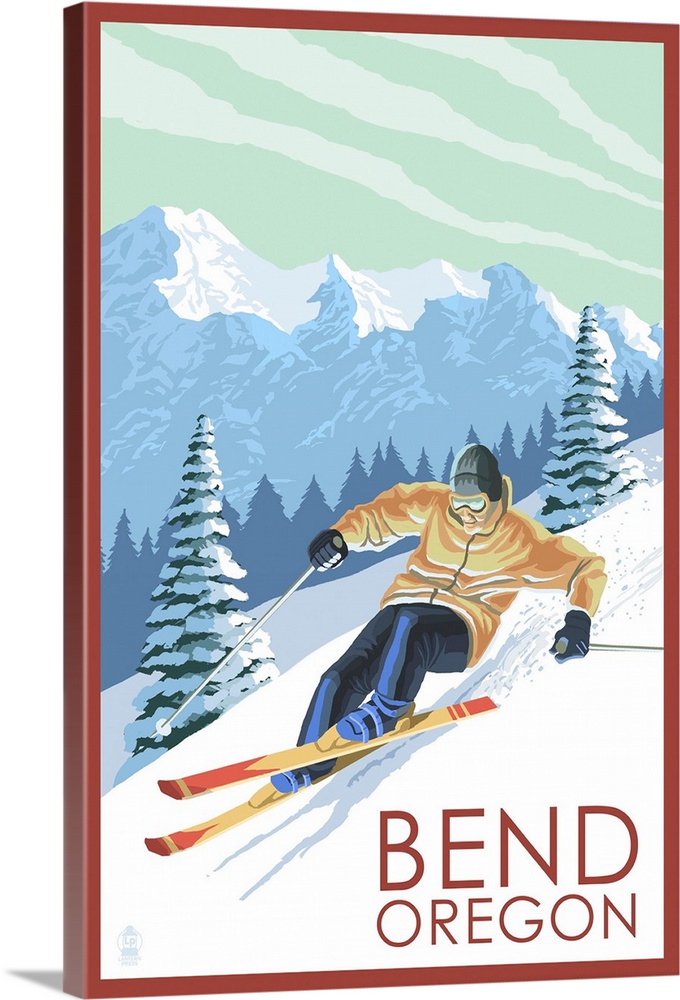 A stylized art poster of a downhill skier going down a mountain covered with powdery snow.