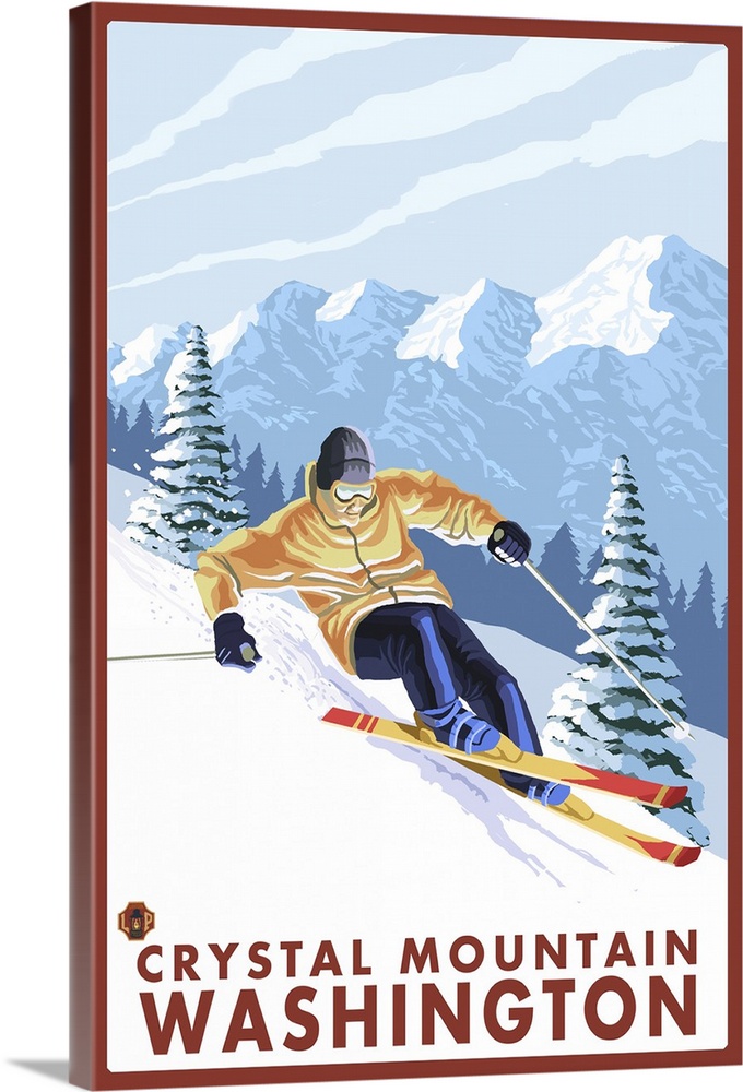 Downhhill Snow Skier - Crystal Mountain, Washington: Retro Travel Poster