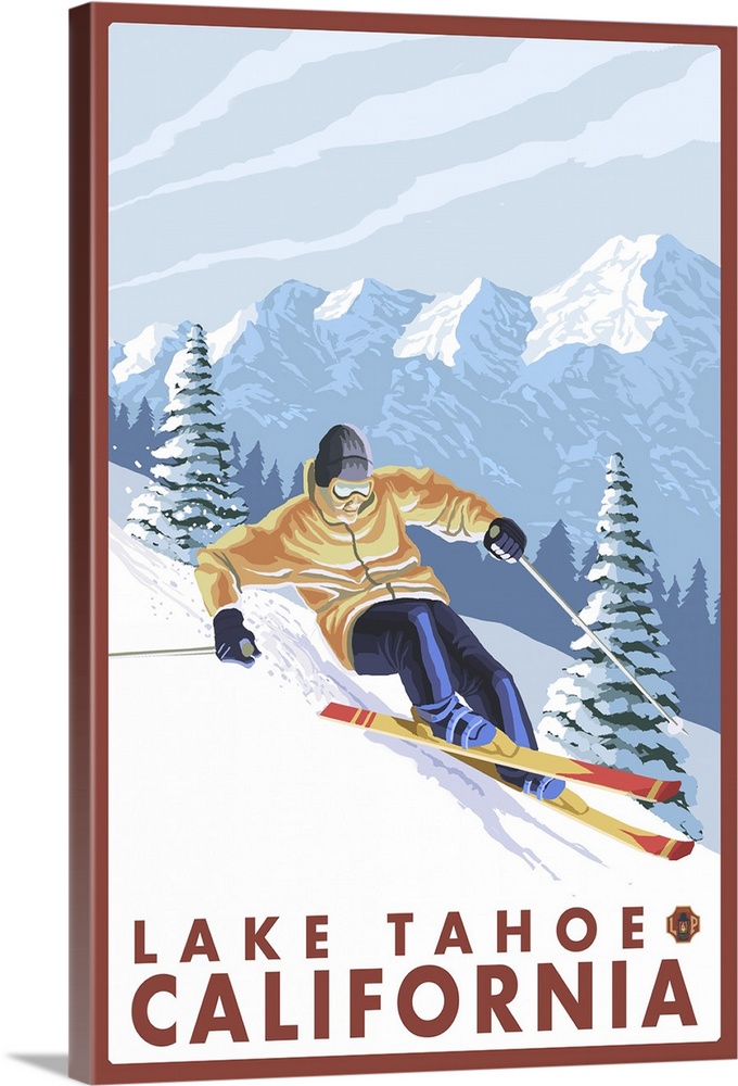 Downhhill Snow Skier - Lake Tahoe, California: Retro Travel Poster