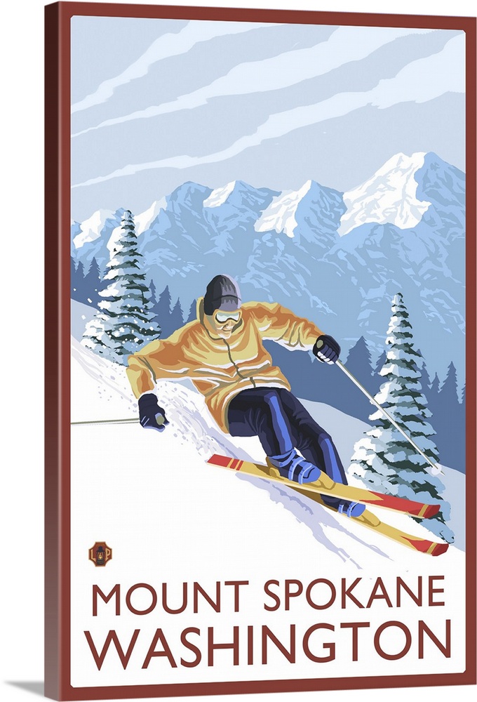 Downhhill Snow Skier - Mount Spokane, Washington: Retro Travel Poster