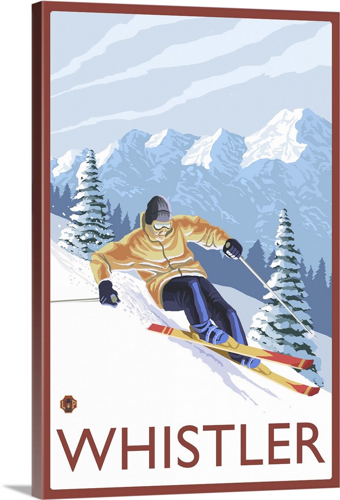 Downhhill Snow Skier - Whistler, BC Canada: Retro Travel Poster