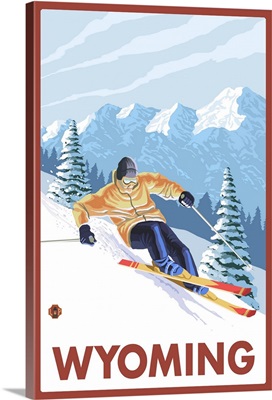 Downhill Snow Skier - Wyoming: Retro Travel Poster