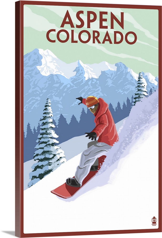 A stylized poster of a man snowboarding down a moutain of powdery snow.
