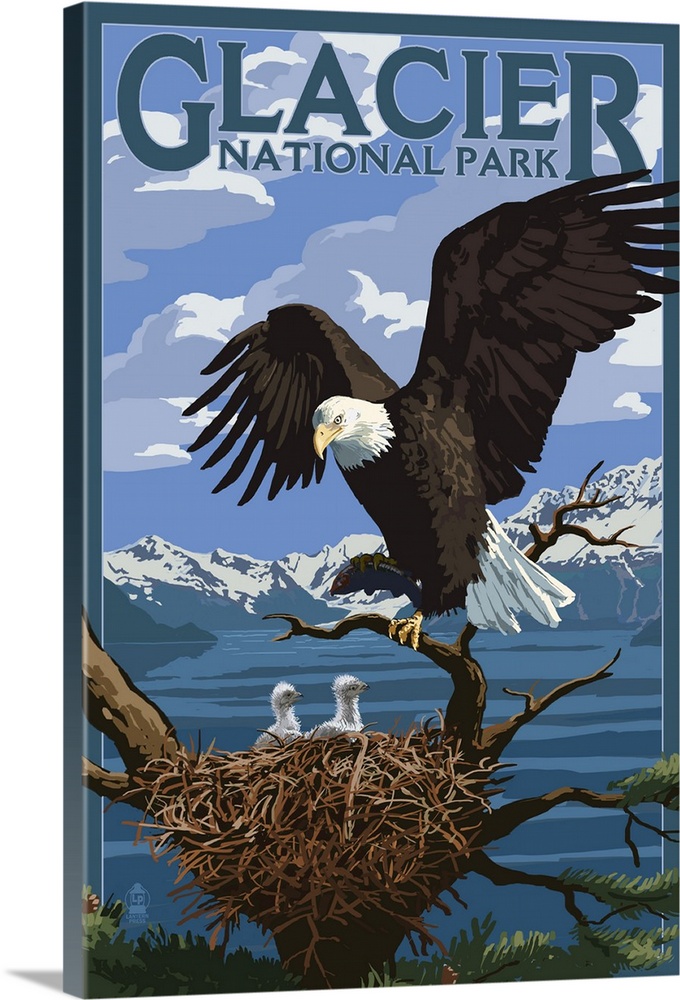 Eagle Perched with Chicks - Glacier National Park, Montana: Retro Travel Poster