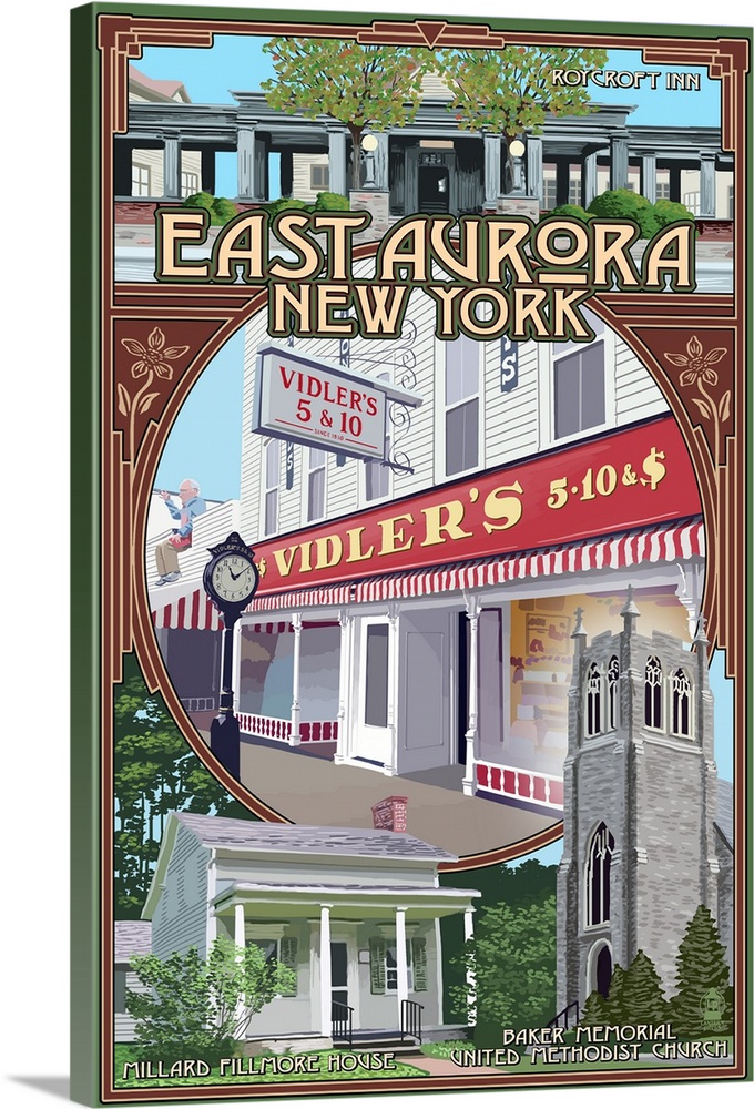 East Aurora, New York - Montage: Retro Travel Poster