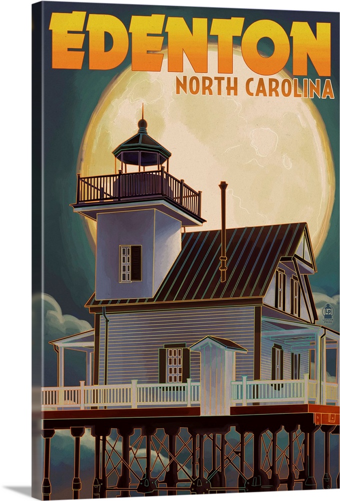 Edenton, North Carolina - Lighthouse and Moon: Retro Travel Poster