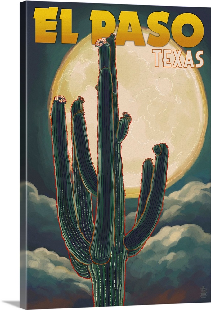El Paso, Texas - Cactus and Full Moon: Retro Travel Poster