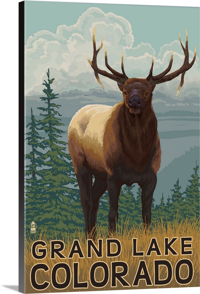 A stylized art poster of an elk climbing a hill in a grassy meadow above lakes and forests.