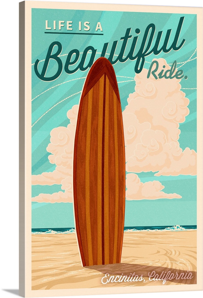 Encinitas, California, Surf Board Letterpress, Life is a Beautiful Ride