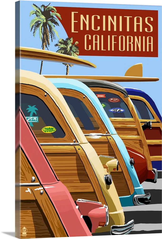 A retro stylized art poster of wood panel stationwagons parked at a beach with surf boards on the roofs and contemporary s...