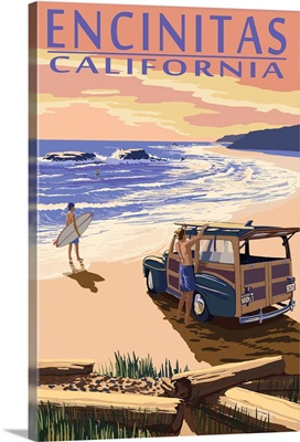 Encinitas, California - Woody on Beach: Retro Travel Poster