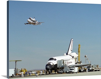 Endeavour on Runway with Columbia on SCA Overhead, Cape Canaveral, FL