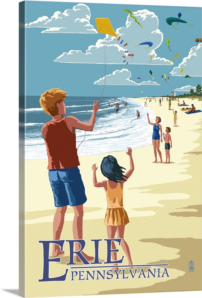 Retro stylized art poster of children flying kites on the beach.