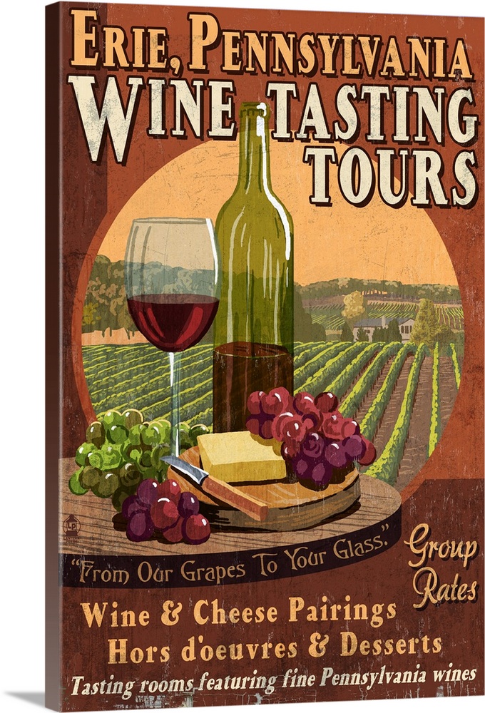 Retro stylized art poster of a glass of red wine with cheese and fruit. With a vineyard in the background.