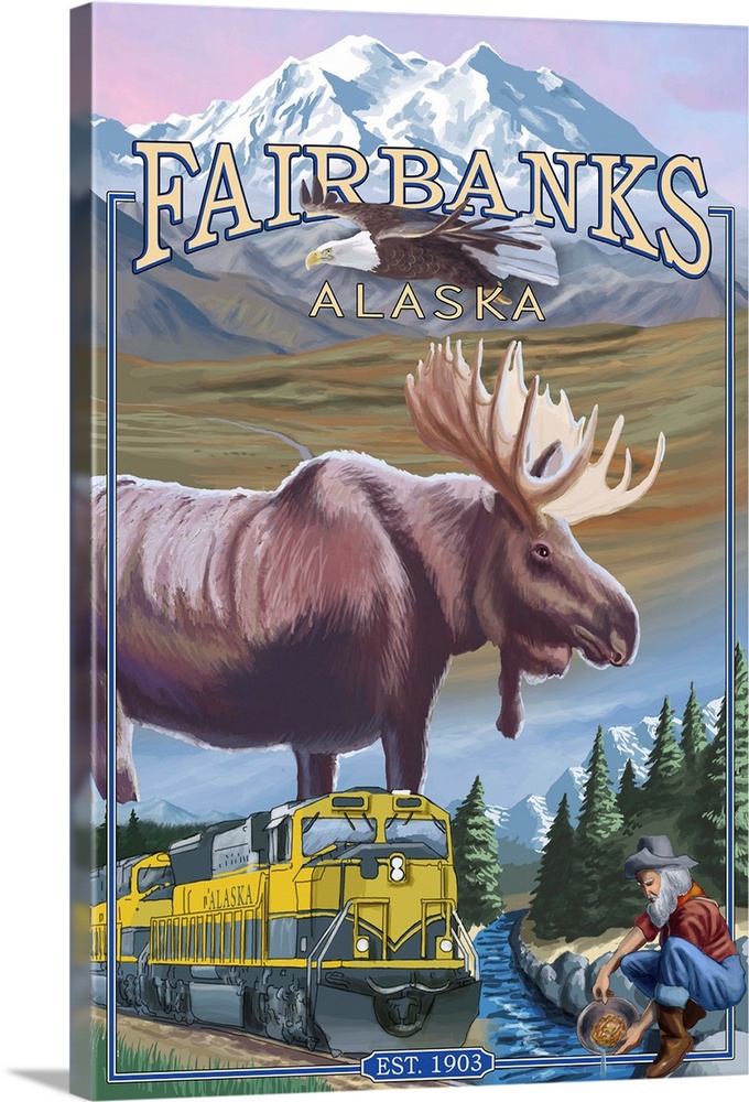 Retro stylized art poster of a moose in a wilderness landscape with an eagle in the sky. With a railroad scene at the bott...