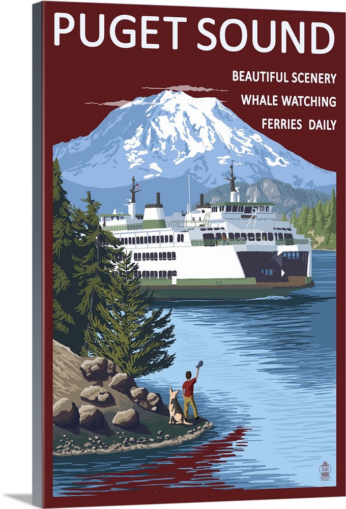Ferry and Mount Rainier Scene - Puget Sound, Washington: Retro Travel Poster