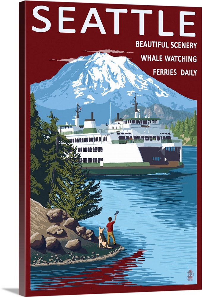 Ferry and Mount Rainier Scene - Seattle, Washington: Retro Travel Poster