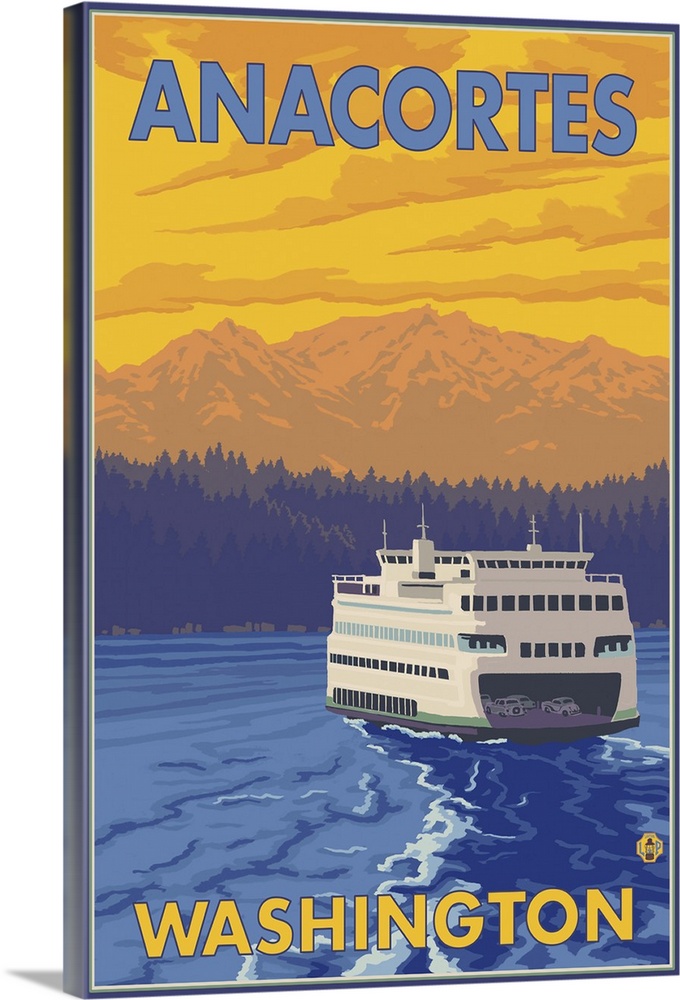 Ferry and Mountains - Anacortes, Washington: Retro Travel Poster