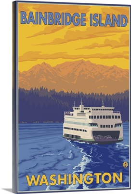 Ferry and Mountains - Bainbridge Island, Washington: Retro Travel Poster