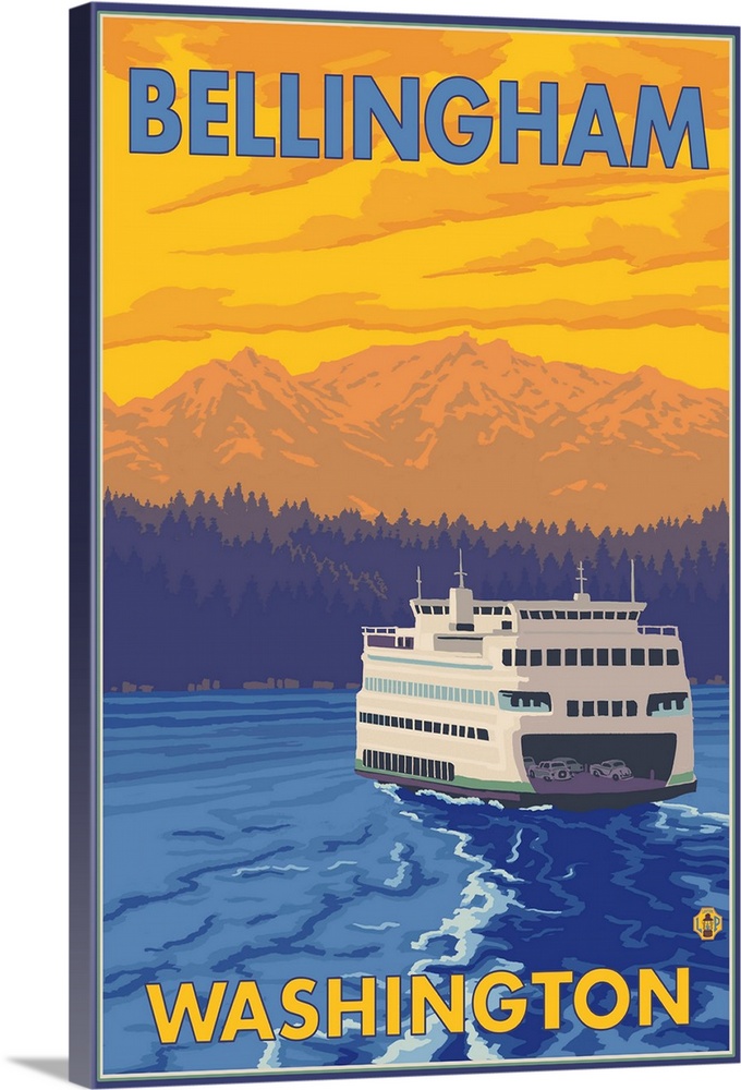 Ferry and Mountains - Bellingham, Washington: Retro Travel Poster