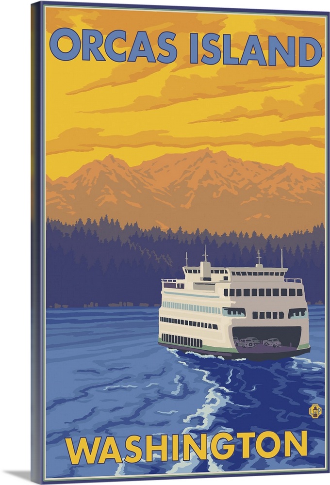 Ferry and Mountains - Orcas Island, Washington: Retro Travel Poster