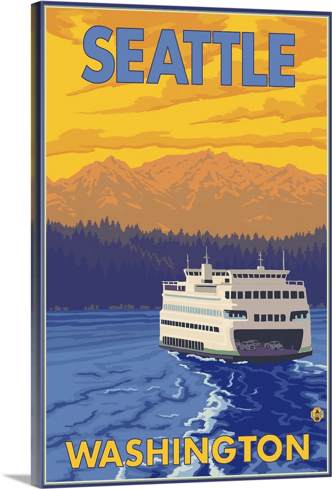 Ferry and Mountains - Seattle, Washington: Retro Travel Poster