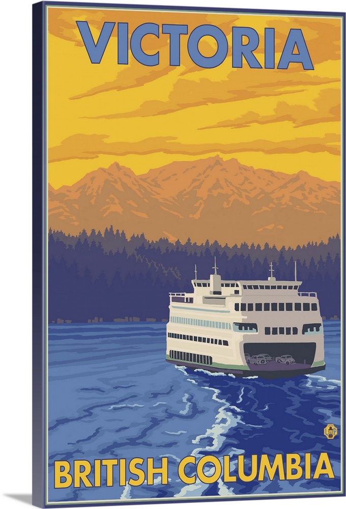 Ferry and Mountains - Victoria, BC Canada: Retro Travel Poster