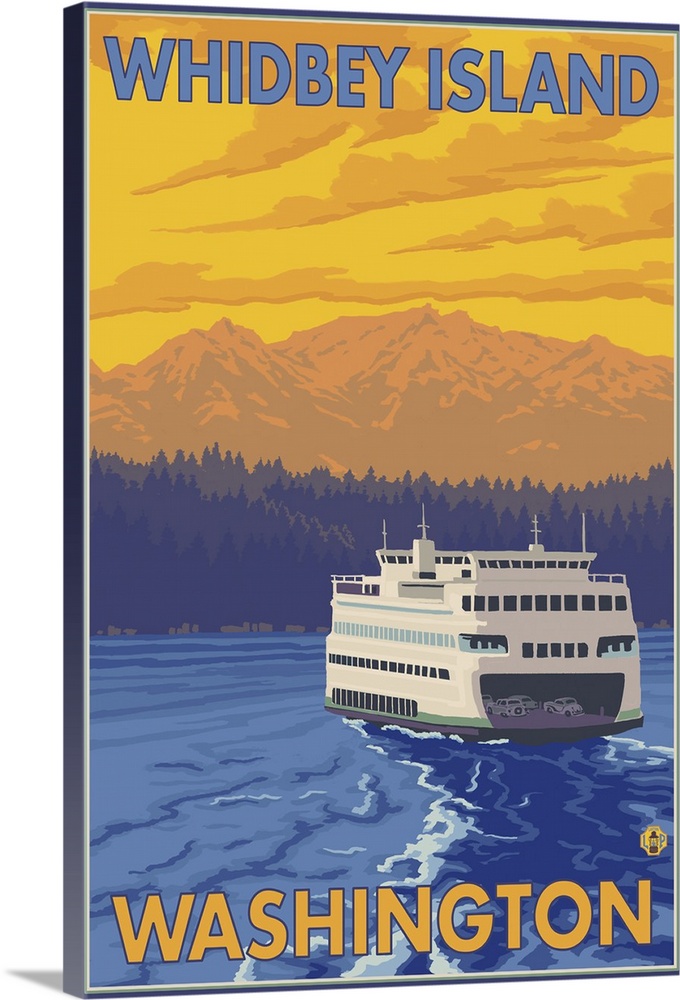 Ferry and Mountains - Whidbey Island, Washington: Retro Travel Poster