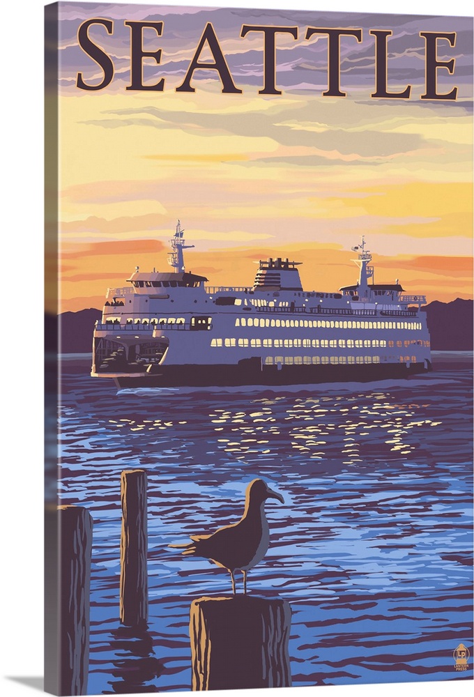 Ferry Sunset and Gull - Seattle, WA: Retro Travel Poster